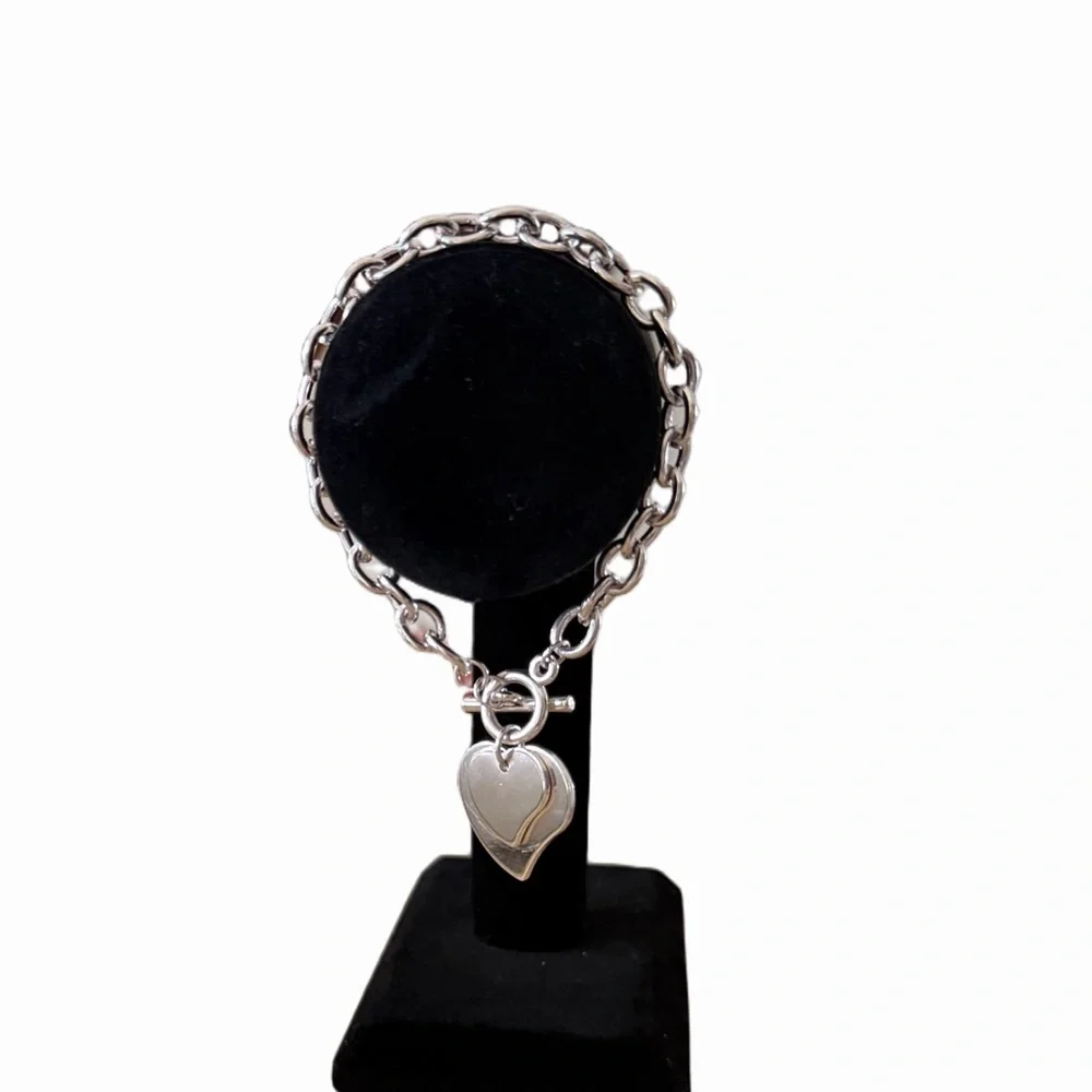 Silver Tone Toggle Bracelet with Heart Charm | Classic Chain Bracelet
